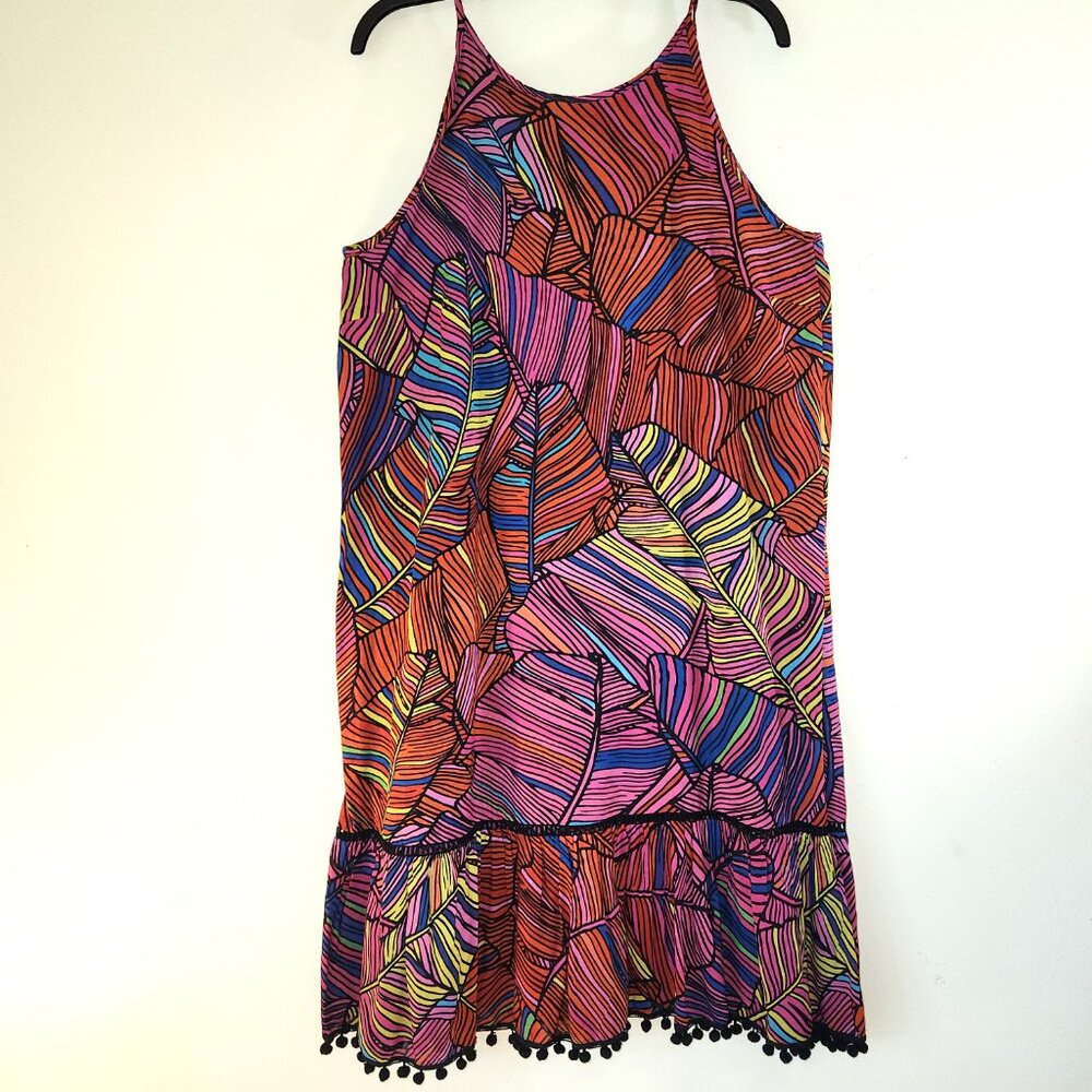 NWT For The Republic Tropical Palm Print Dress, Pom Pom Ruffle Hem Size Medium